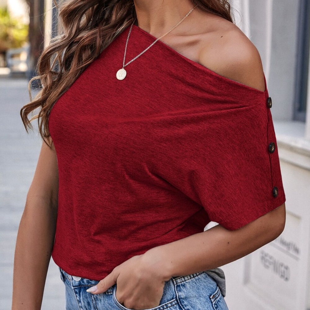 boho Red boat neck one shoulder button Top